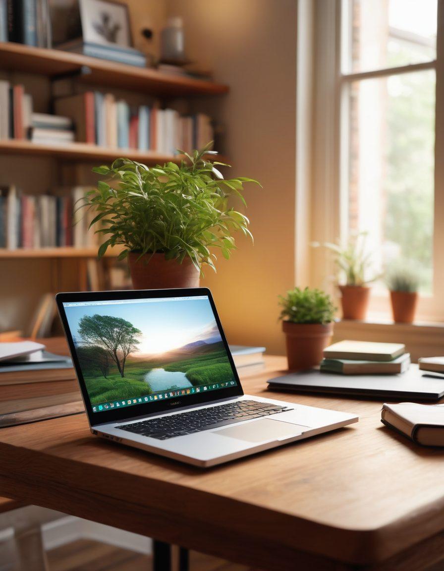 A serene yet engaging scene depicting an open laptop on a stylish desk surrounded by books and resources about intimacy. Soft lighting enhances a cozy atmosphere, while abstract art on the walls suggests a modern adult aesthetic. Subtle hints of diverse people interacting positively around the workspace create a sense of community. Include warm colors and a touch of nature with a small plant beside the laptop. super-realistic. warm tones. contemporary style.