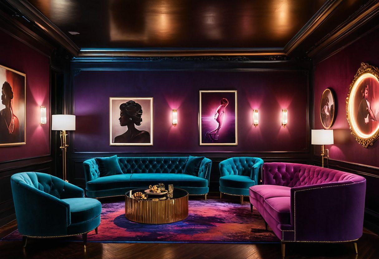 A luxurious, dimly lit lounge filled with plush velvet seating and softly glowing neon lights, depicting silhouettes of diverse couples engaged in intimate conversations. The ambiance should evoke a sense of allure and sophistication, with tasteful artwork on the walls that reflects various aspects of adult entertainment culture. Incorporate elements of community like artful representations of connection and self-expression, ensuring an inviting atmosphere. Use warm tones and a hint of mystery to captivate the viewer. super-realistic. vibrant colors. warm lighting.